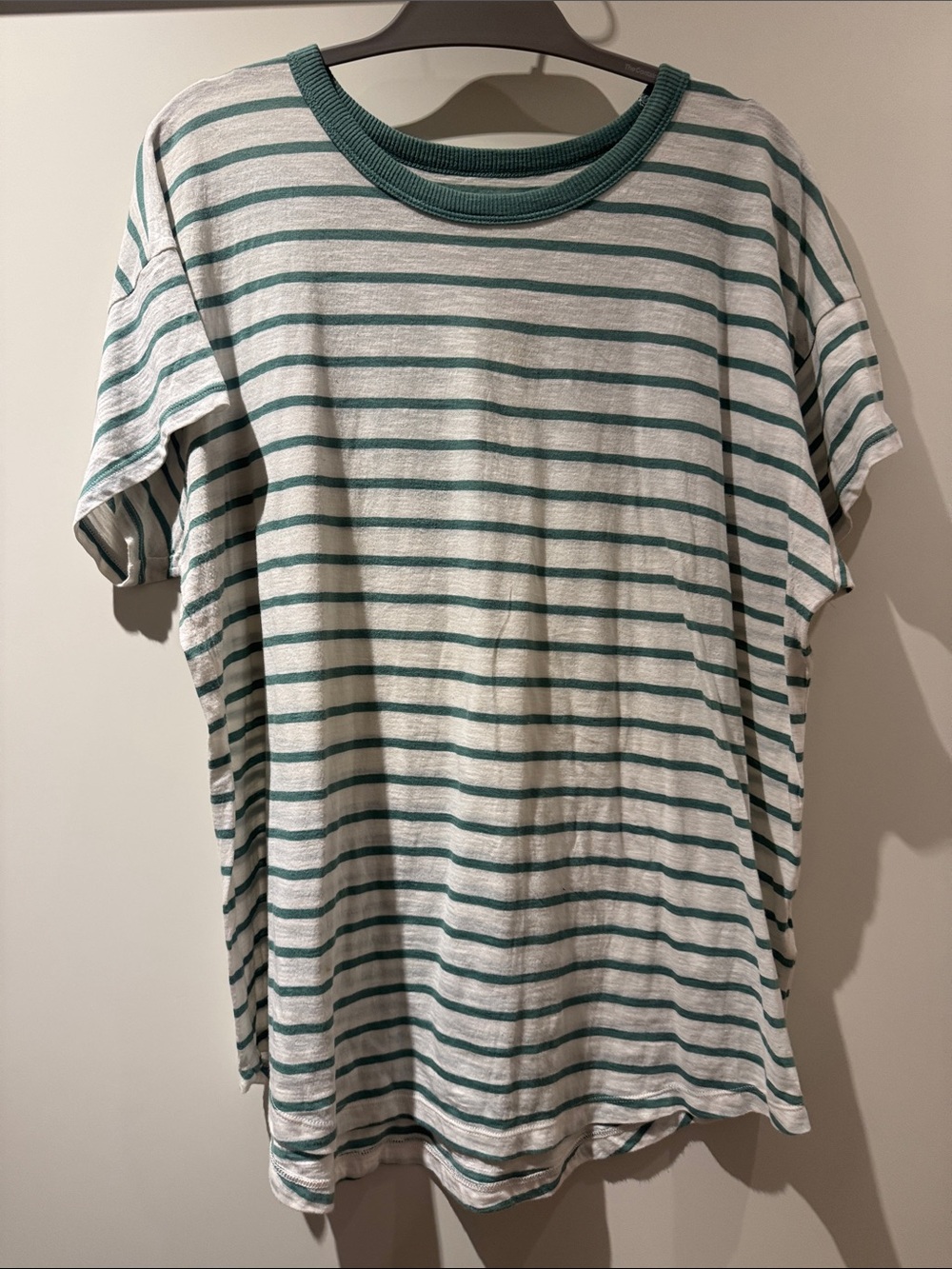 Madewell White and Teal Striped Short Sleeve Tee